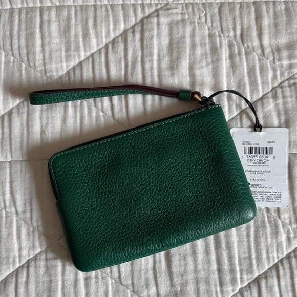Coach Disney Pine Green Corner Zip Wristlet with Mickey & Minnie Sled Holiday - Picture 3 of 4